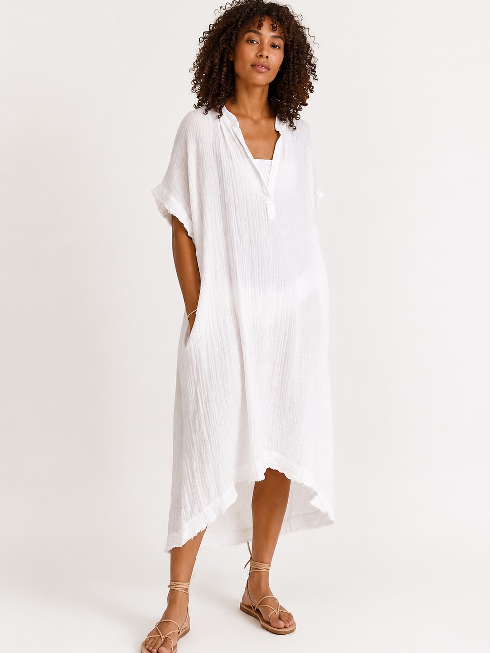 9seed Tunisia Caftan Gauze Maxi Dress Coverup White Sheer Flowy Oversized $246